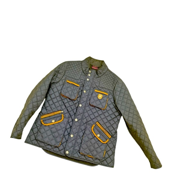 Piel de Toro Sevilla Quilted Utility barn Jacket Navy & Tan leather trim size xl - Picture 4 of 12